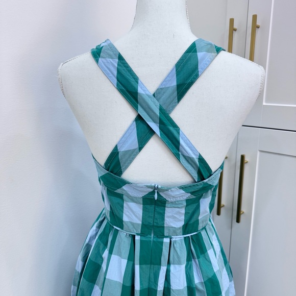 J. Crew Karina Gingham Midi Dress Green Blue Check Square Neckline Size 4 50s - Picture 5 of 11